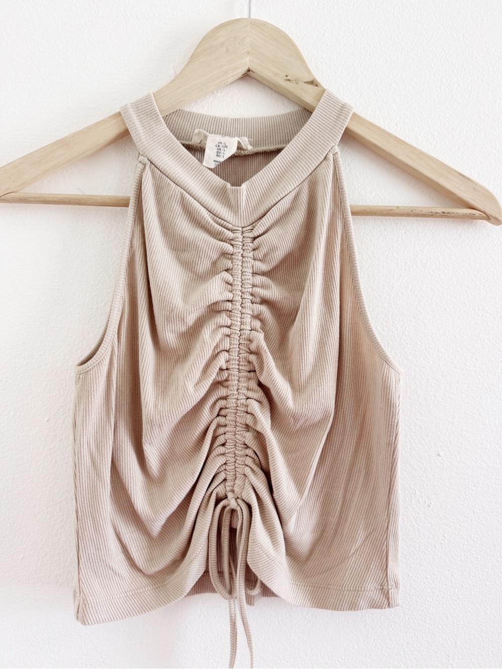 Happily Grey Ruched Drawstring Halter Tank Top in Neutral Beige large
